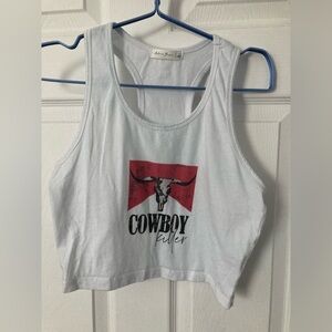 Active Basic Cowboy White Red Sleeveless Crop Tank Latge